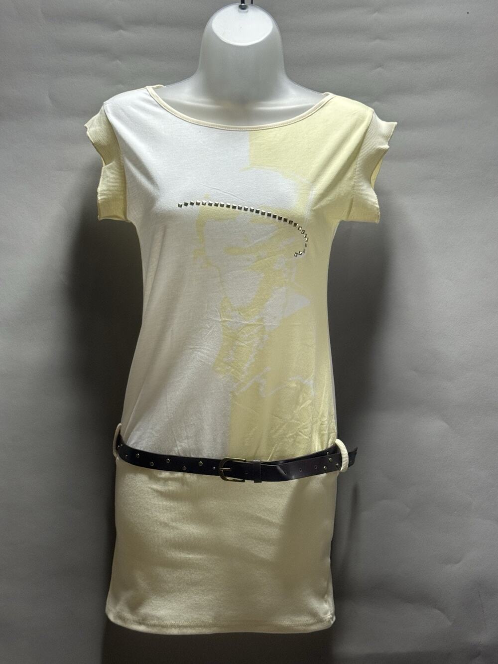 NWT Paradis Miss Womens Small Yellow White Studded Belted Mini Dress Cotton